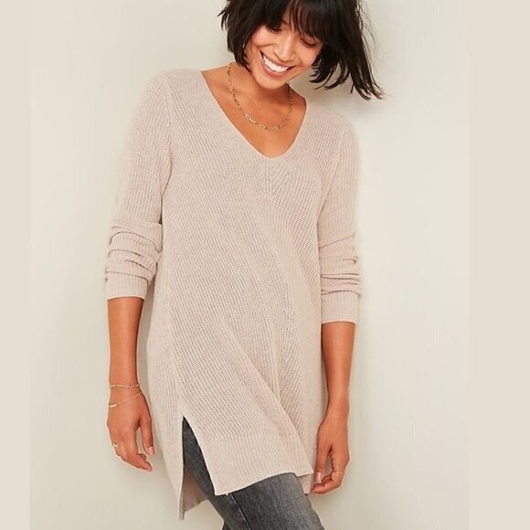 Old Navy Textured V Neck Long Sleeve Cotton Knit Sweater Tunic | Oversized Small - Picture 2 of 7